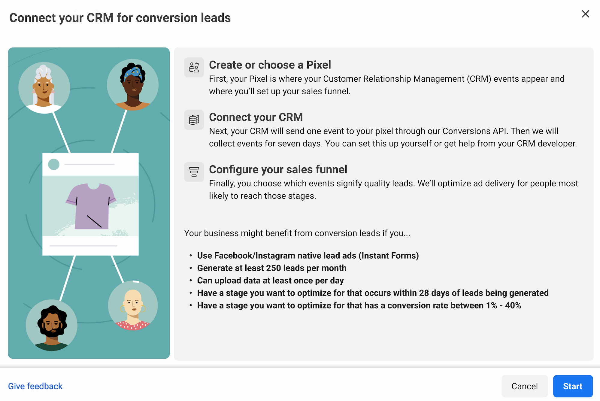 Meta Conversion Leads CRM integration onboarding flow